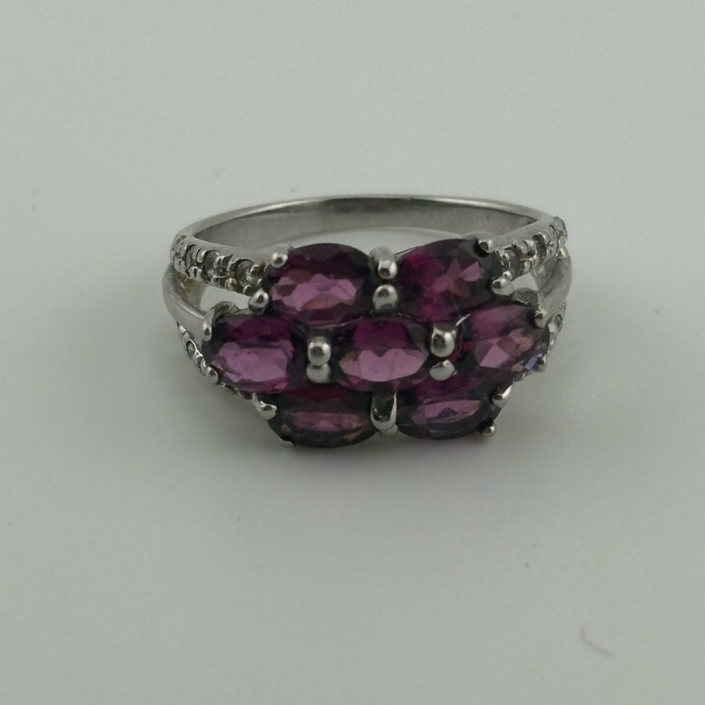 Garnet & White Topaz Cluster Ring – Sterling Silver 925 – Size 8
